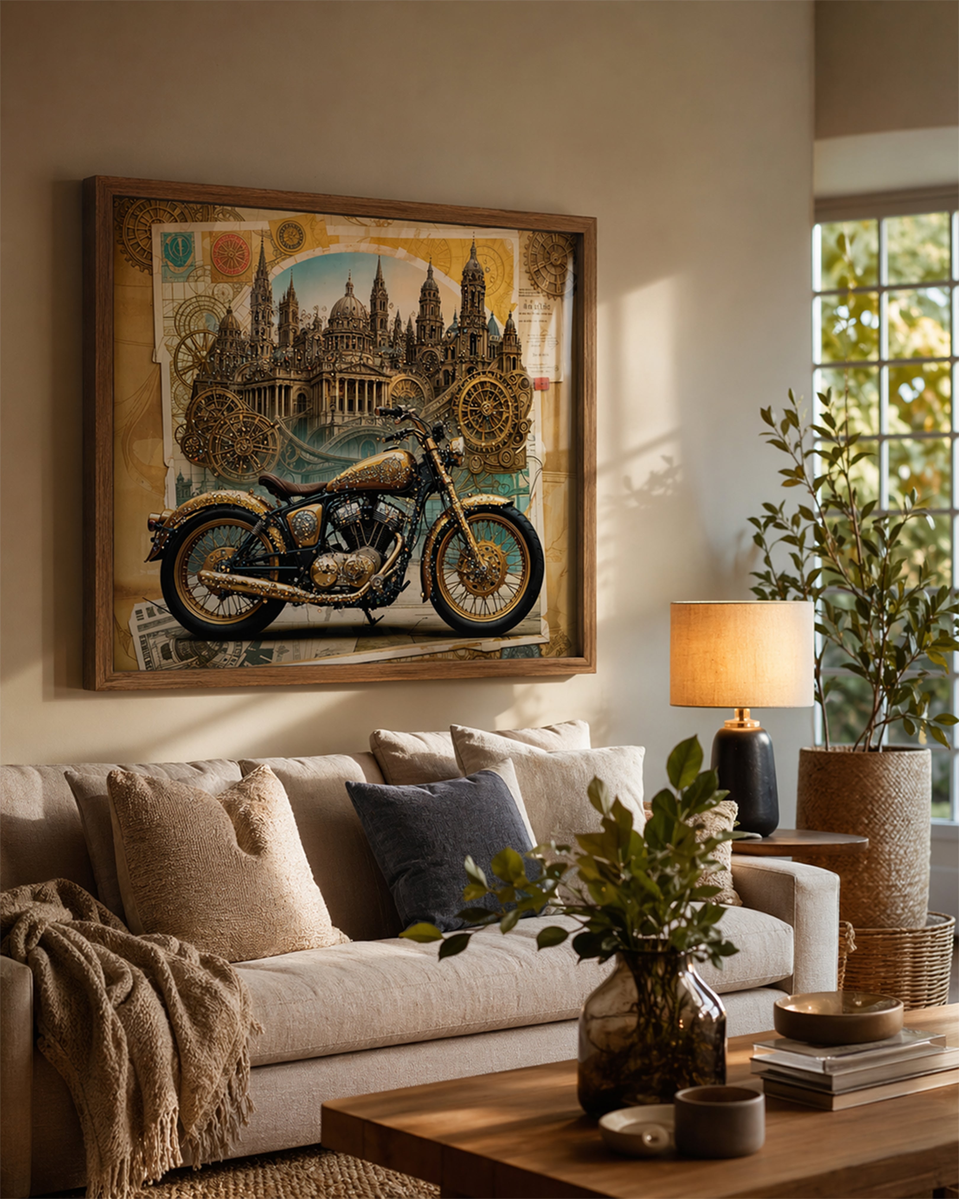 Steampunk Vintage Motorcycle Canvas Art – Intricate Architectural Wall Decor for Office & Home