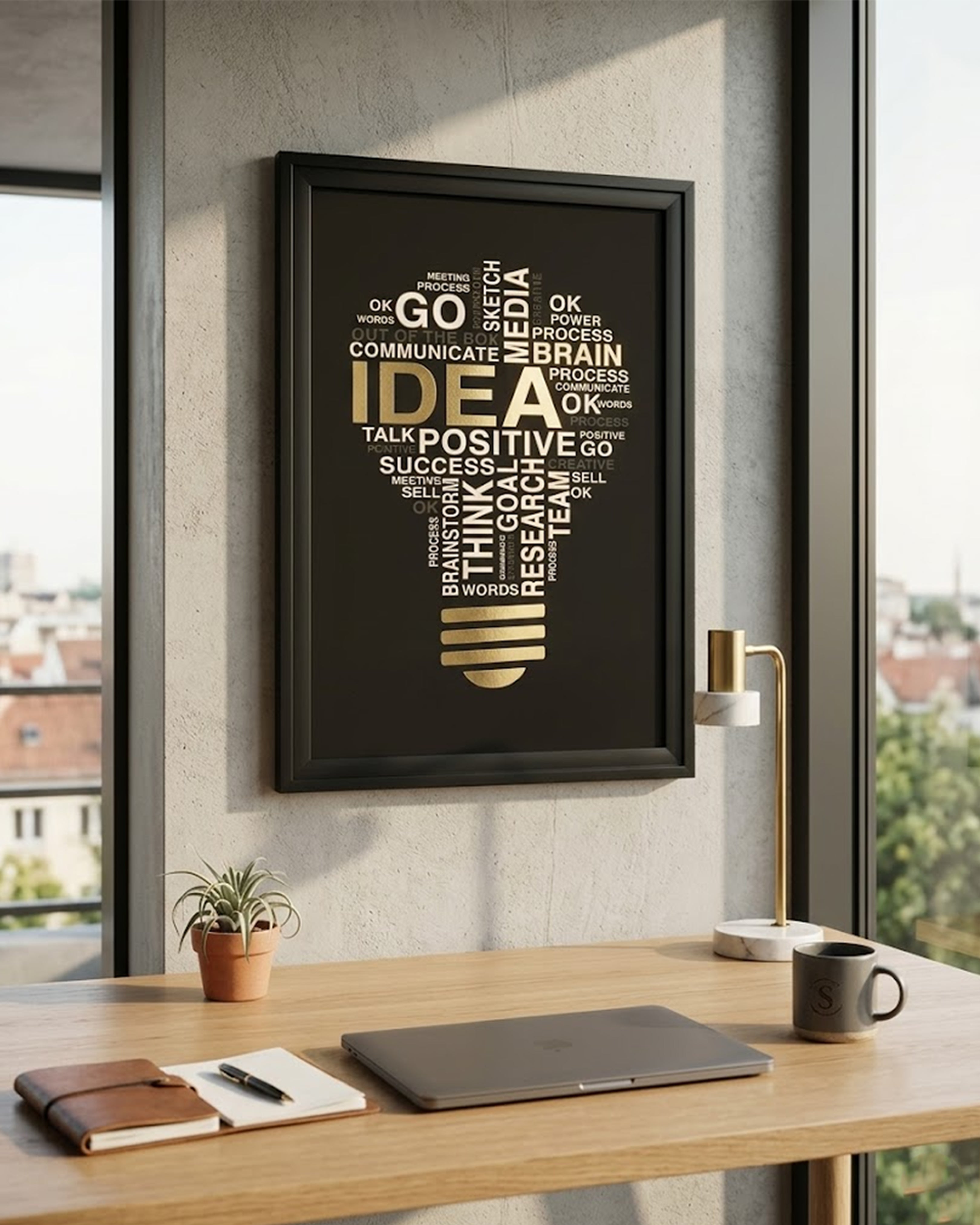 Golden "IDEA" Lightbulb Typography Canvas Art – Modern Motivational Office Wall Decor