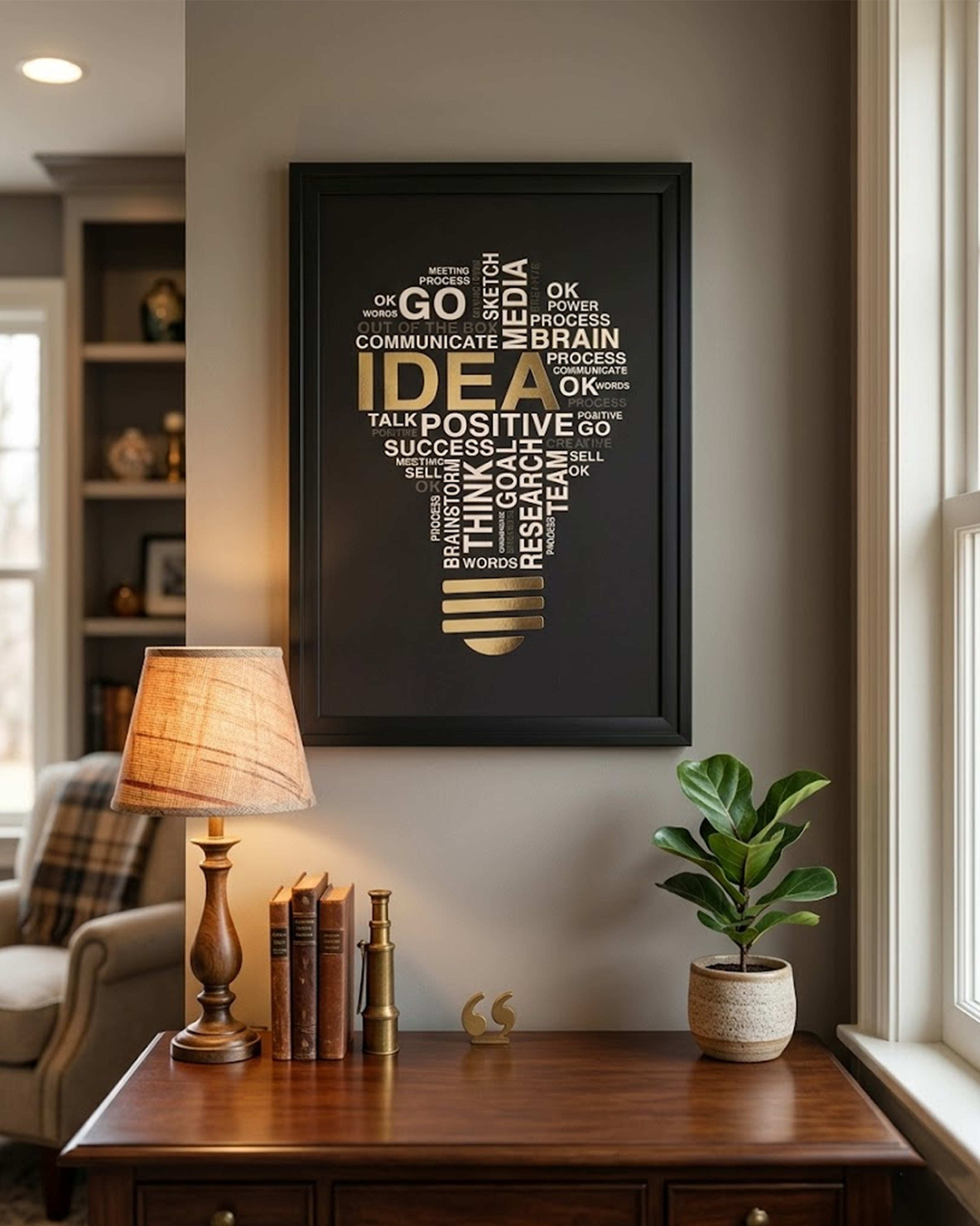 Golden "IDEA" Lightbulb Typography Canvas Art – Modern Motivational Office Wall Decor