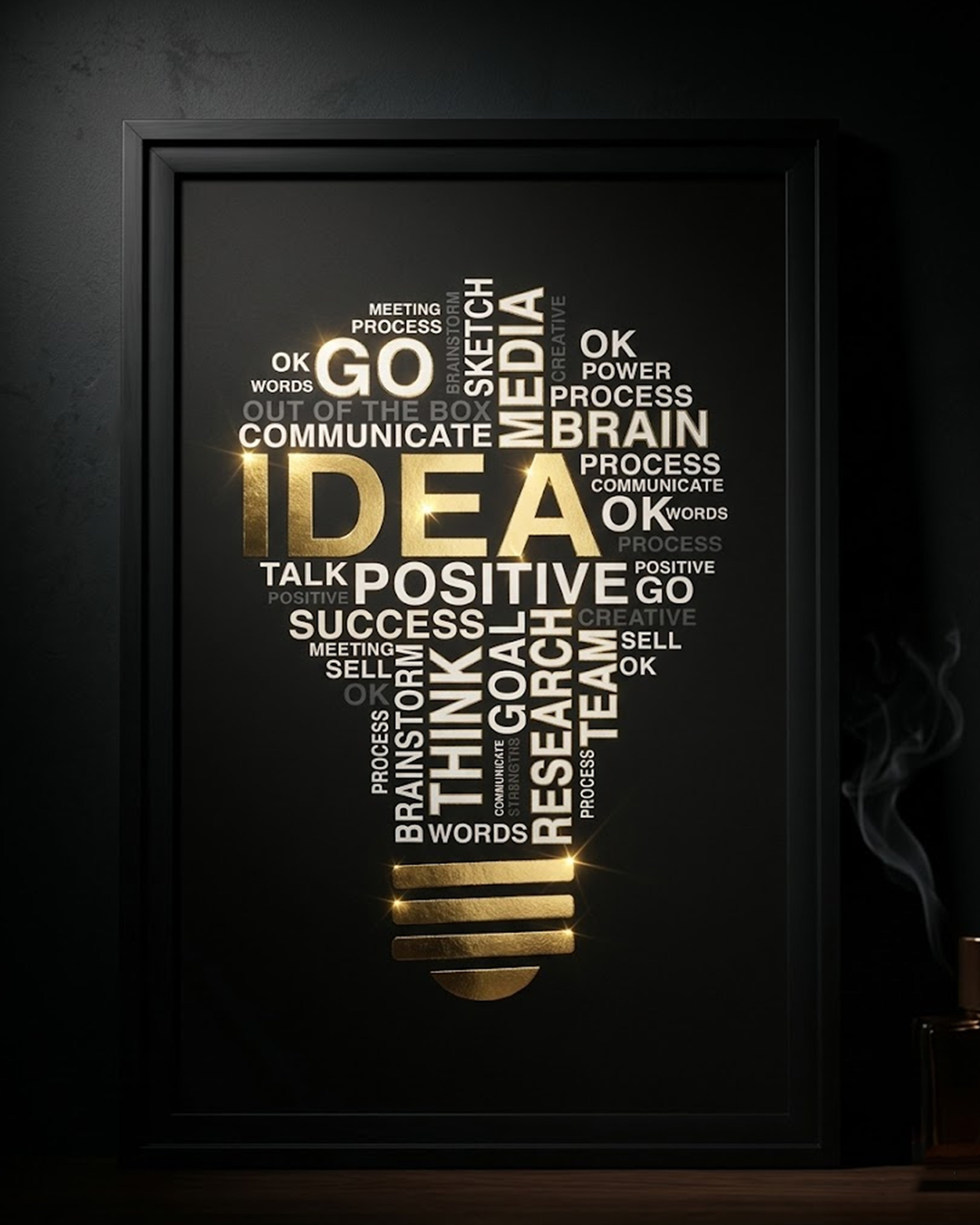Golden "IDEA" Lightbulb Typography Canvas Art – Modern Motivational Office Wall Decor