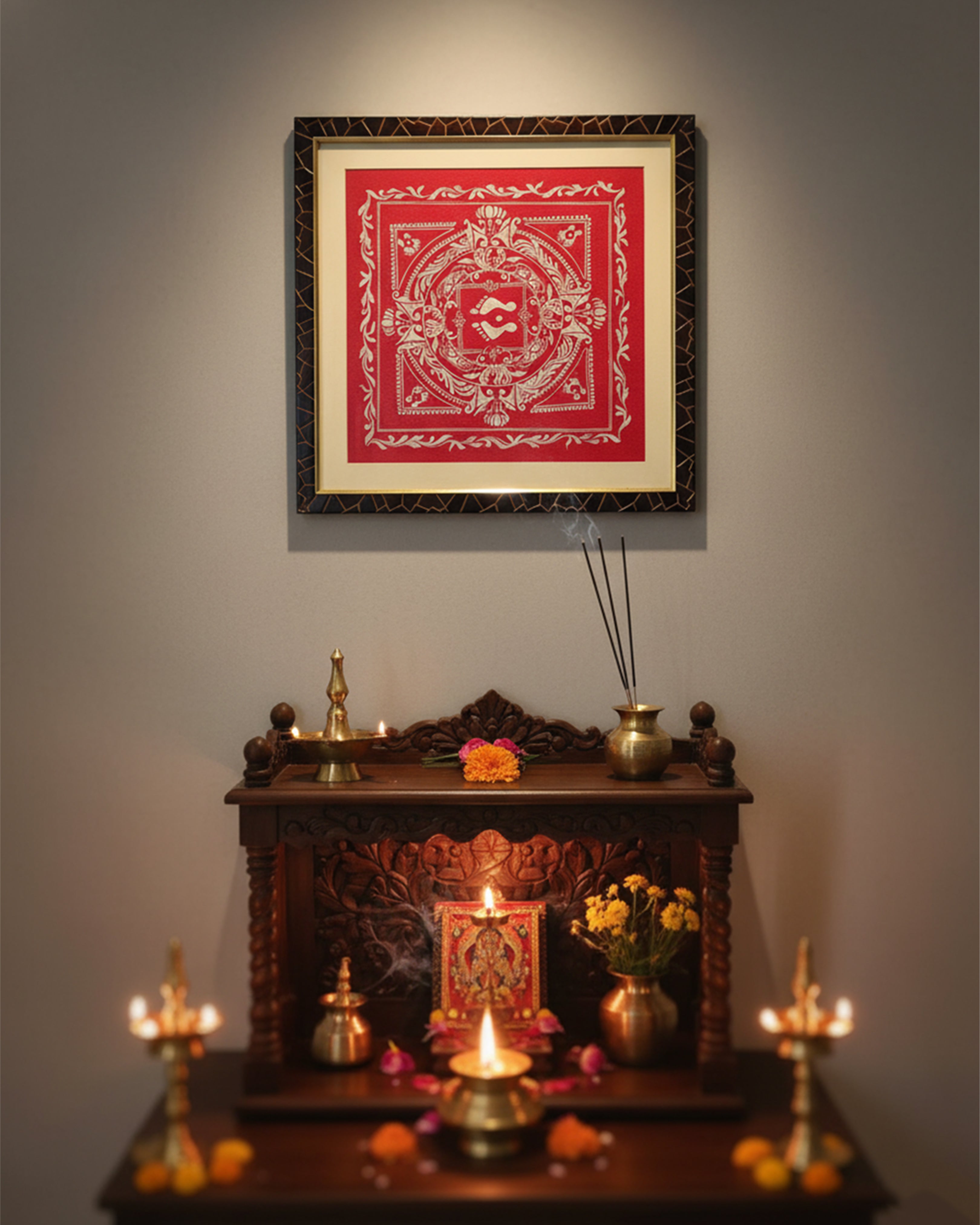 Sacred Shubh Labh & Charan Paduka Wall Art – Traditional Red and White Spiritual Canvas for Home Temple