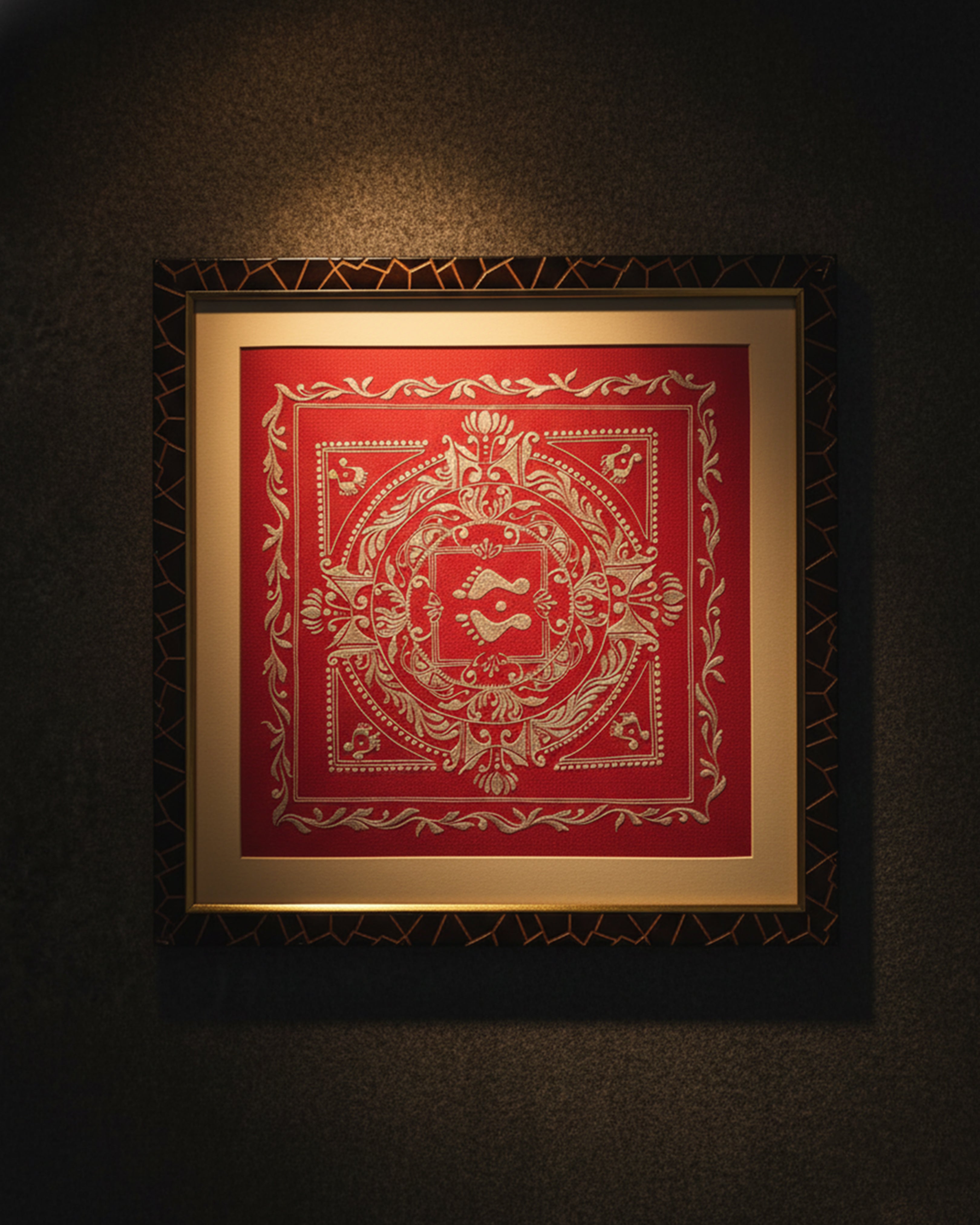 Sacred Shubh Labh & Charan Paduka Wall Art – Traditional Red and White Spiritual Canvas for Home Temple