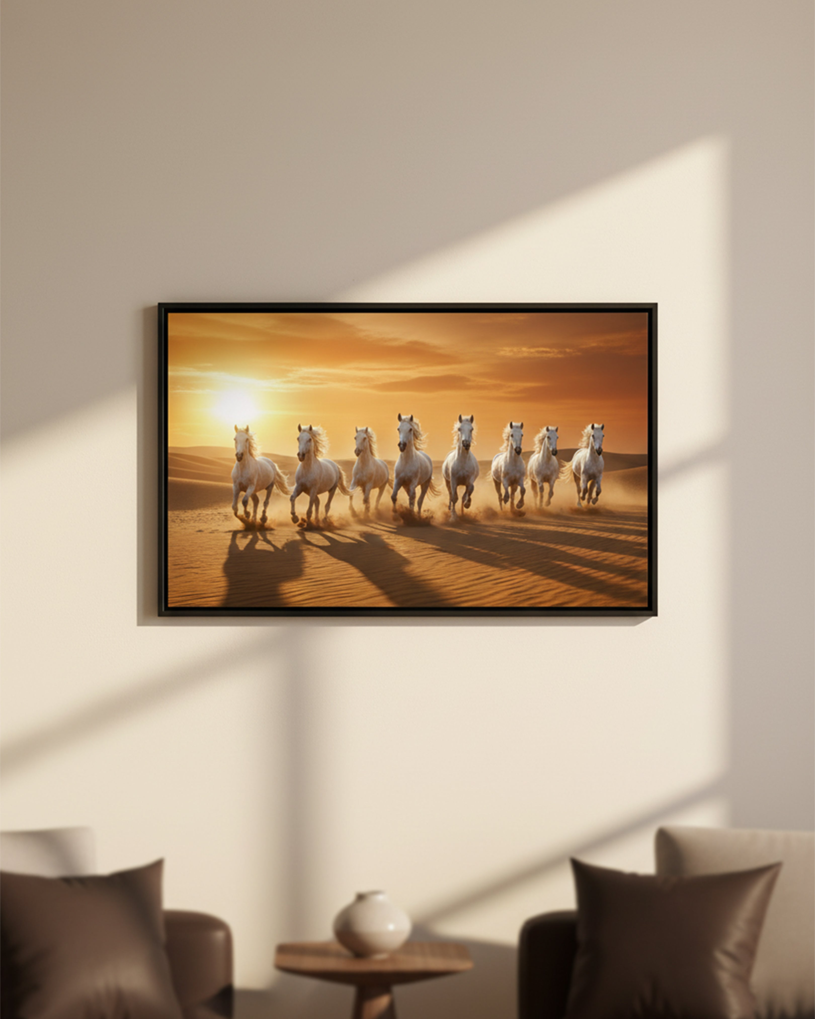 Seven Galloping White Horses Canvas Art – Vastu-Inspired Success & Power Wall Decor for Living Room