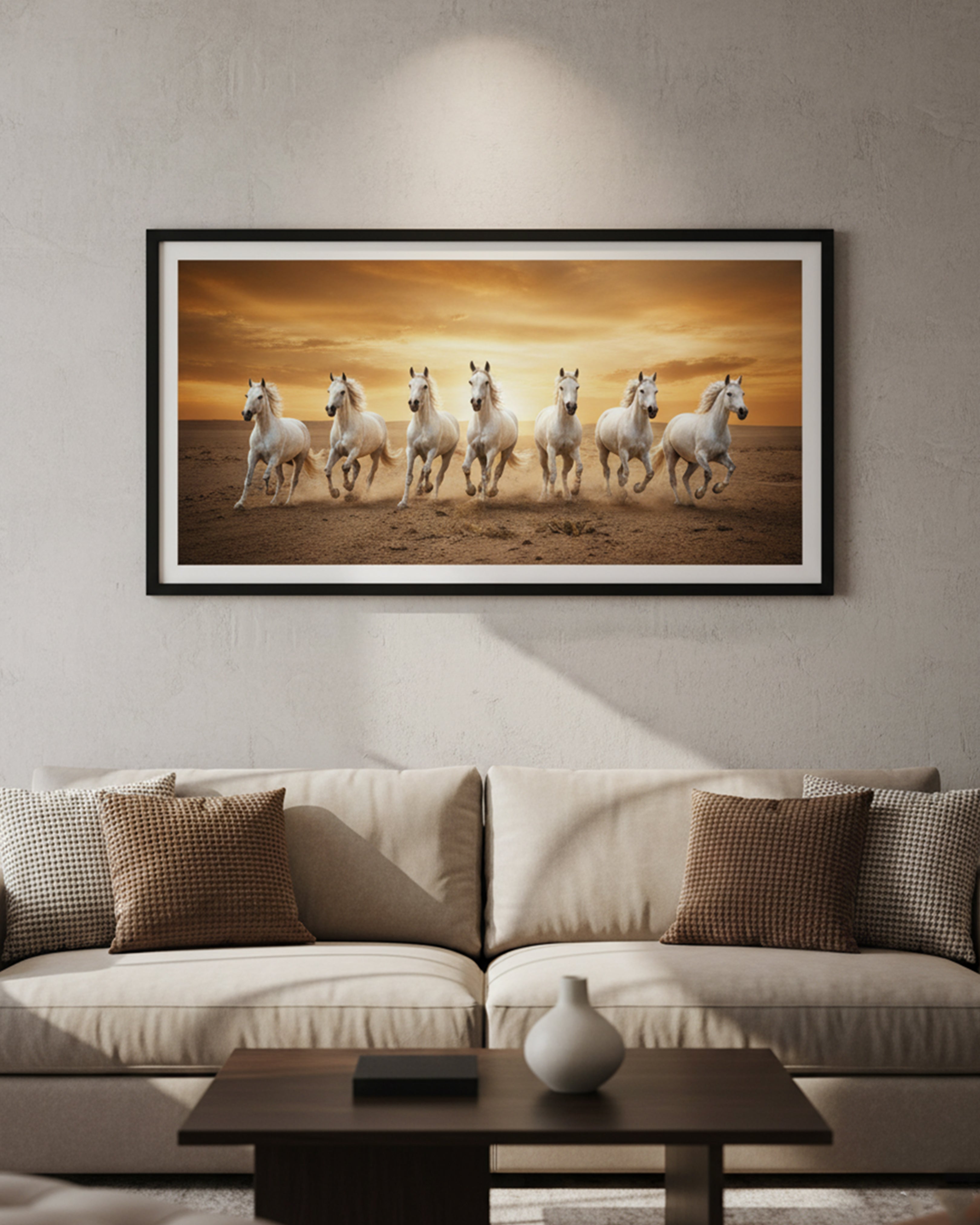 Seven Galloping White Horses Canvas Art – Vastu-Inspired Success & Power Wall Decor for Living Room