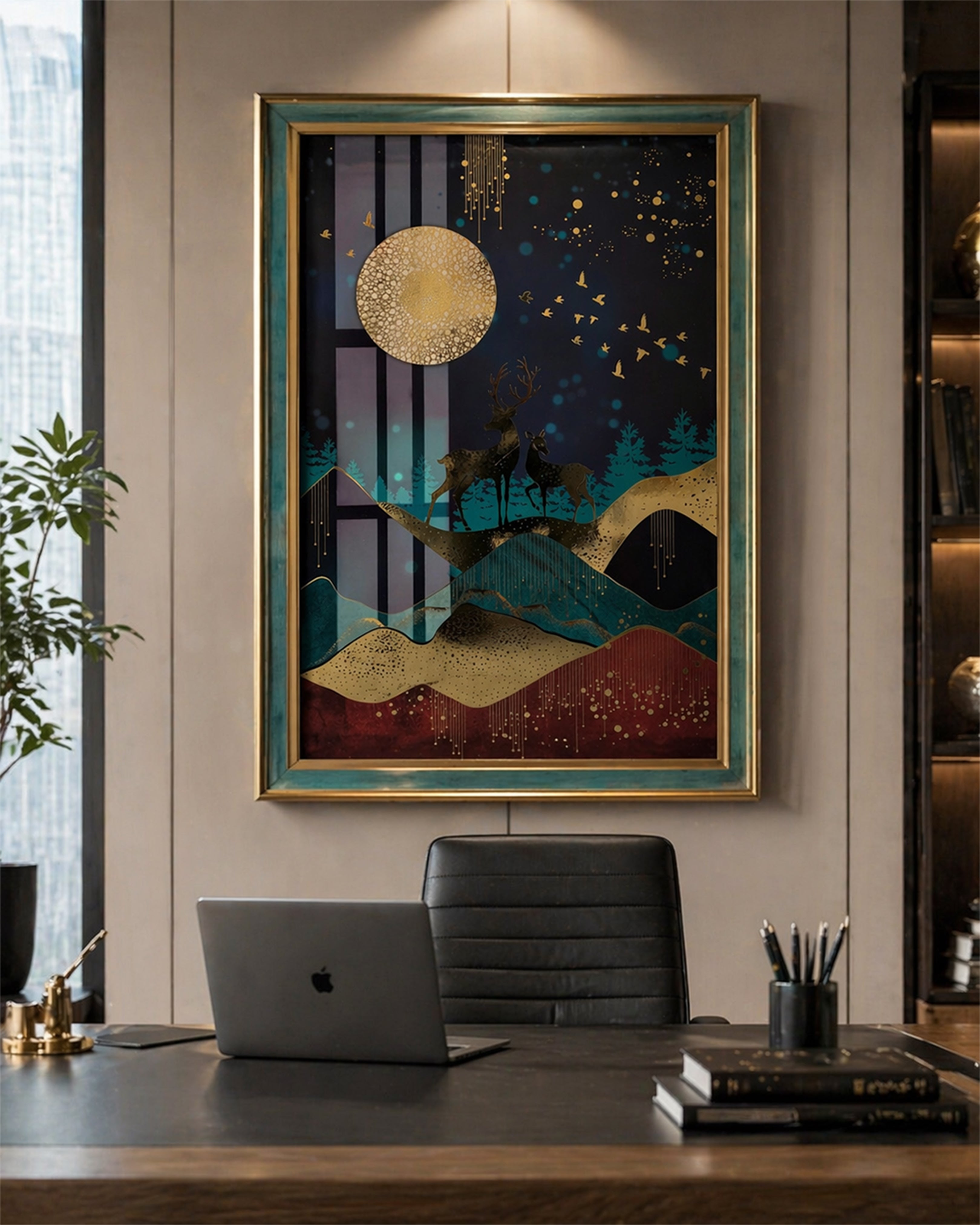 Mystical Golden Deer & Full Moon Canvas Art – Modern Abstract Landscape Wall Decor for Luxury Interiors