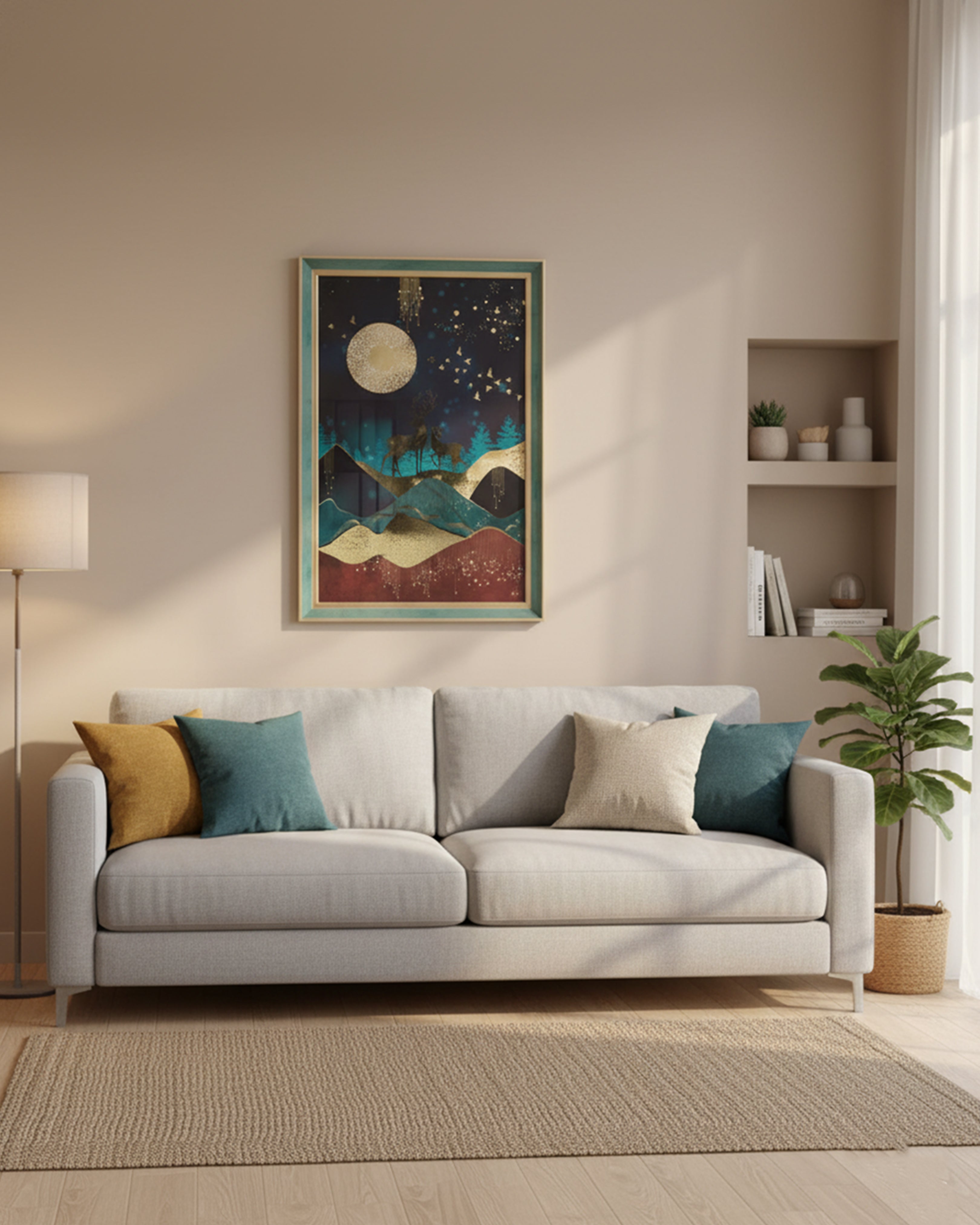 Mystical Golden Deer & Full Moon Canvas Art – Modern Abstract Landscape Wall Decor for Luxury Interiors