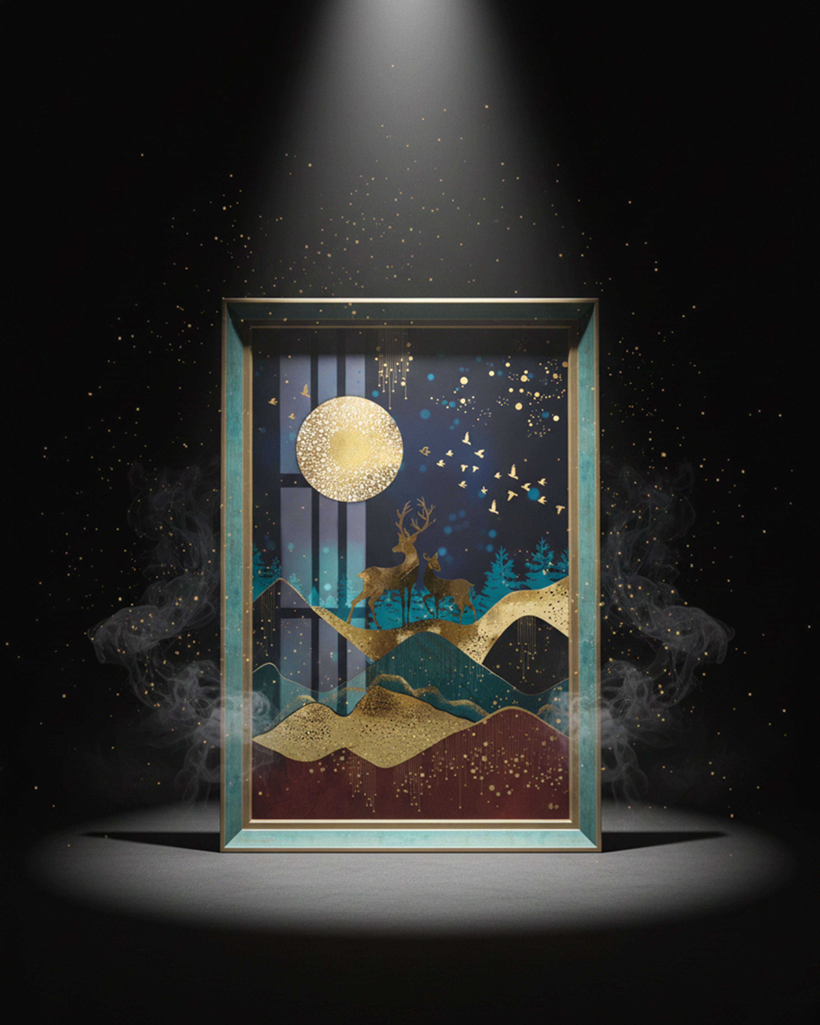 Mystical Golden Deer & Full Moon Canvas Art – Modern Abstract Landscape Wall Decor for Luxury Interiors