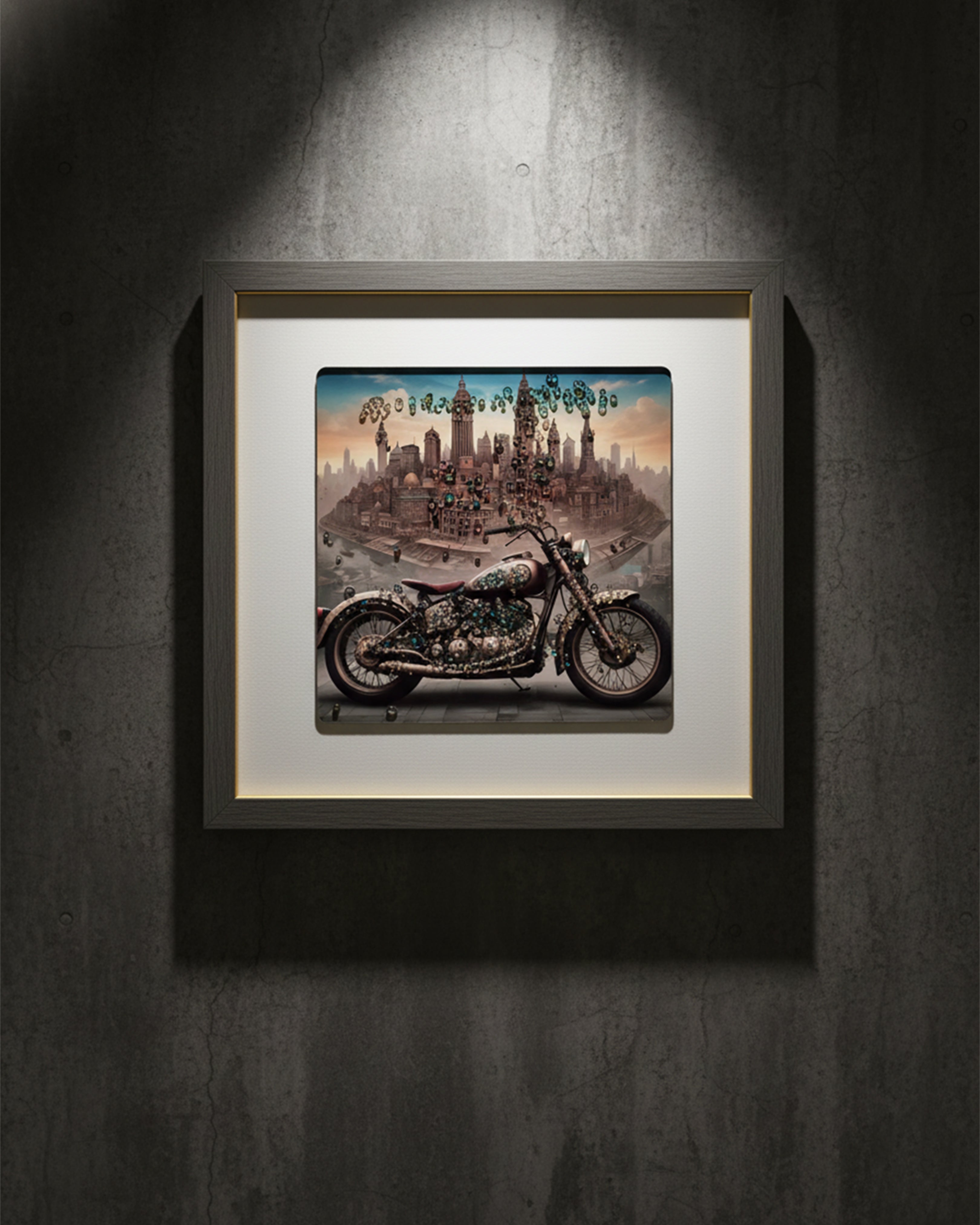 Steampunk Motorcycle & Surreal Cityscape Canvas Art – Industrial Luxury Wall Decor