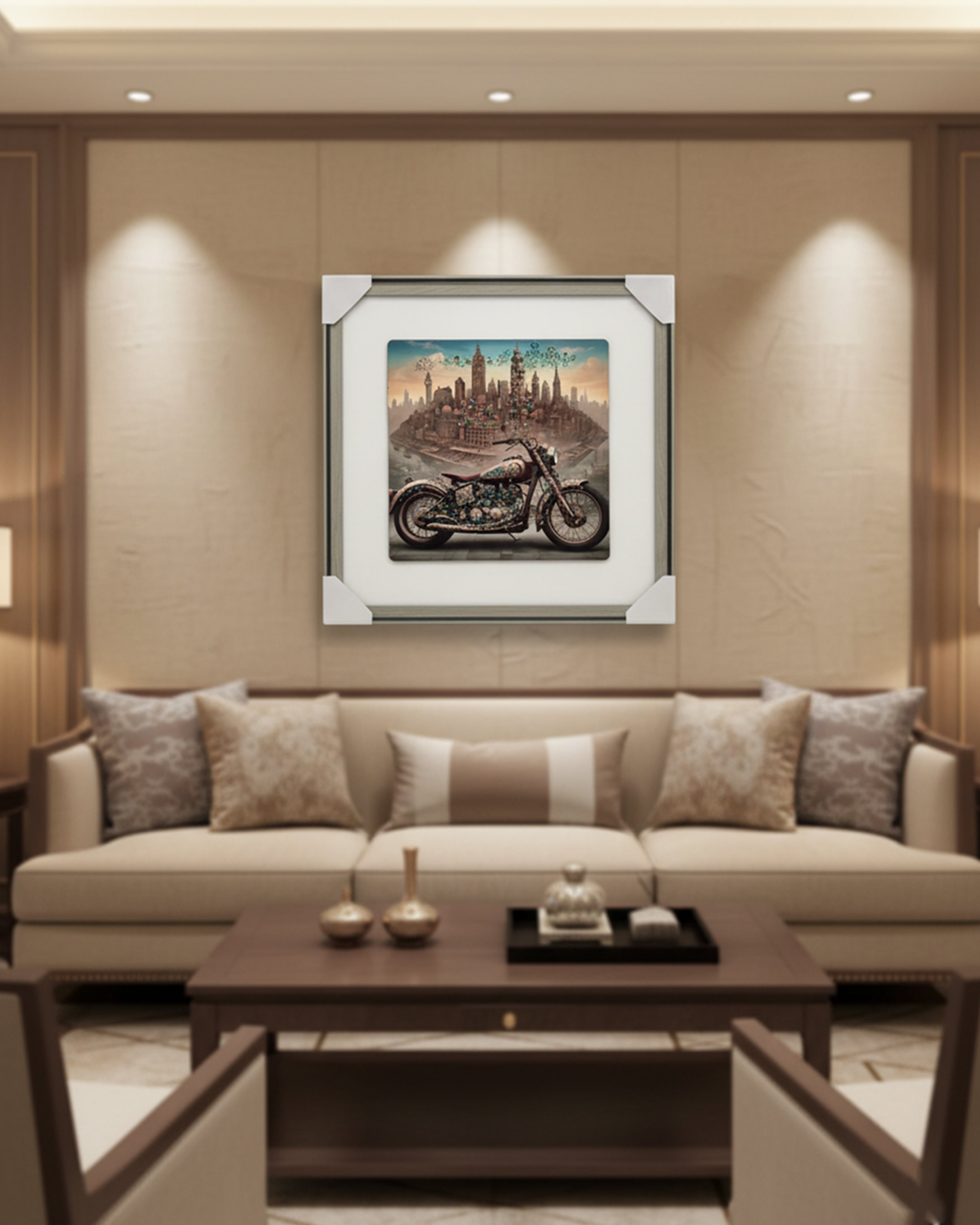 Steampunk Motorcycle & Surreal Cityscape Canvas Art – Industrial Luxury Wall Decor