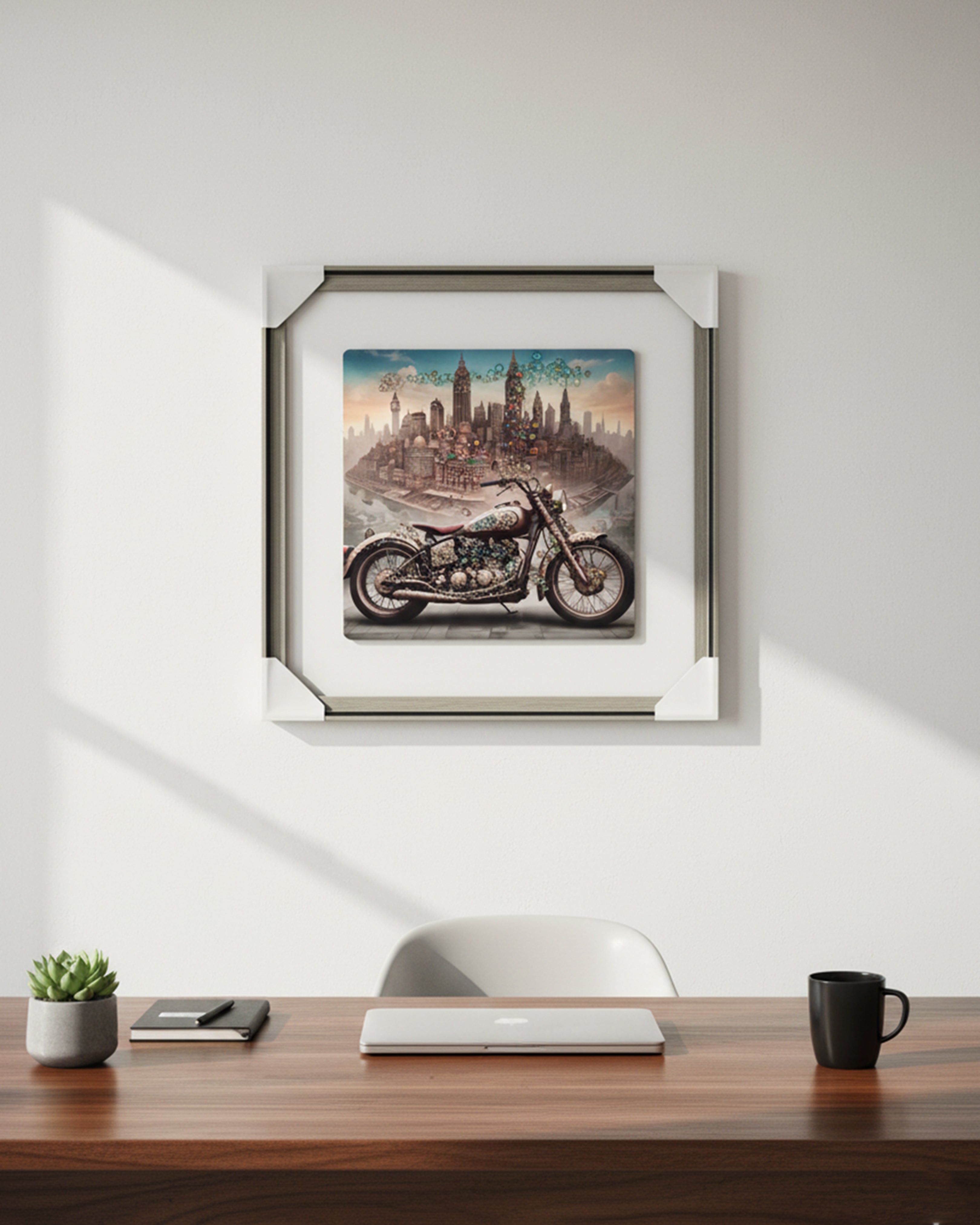 Steampunk Motorcycle & Surreal Cityscape Canvas Art – Industrial Luxury Wall Decor