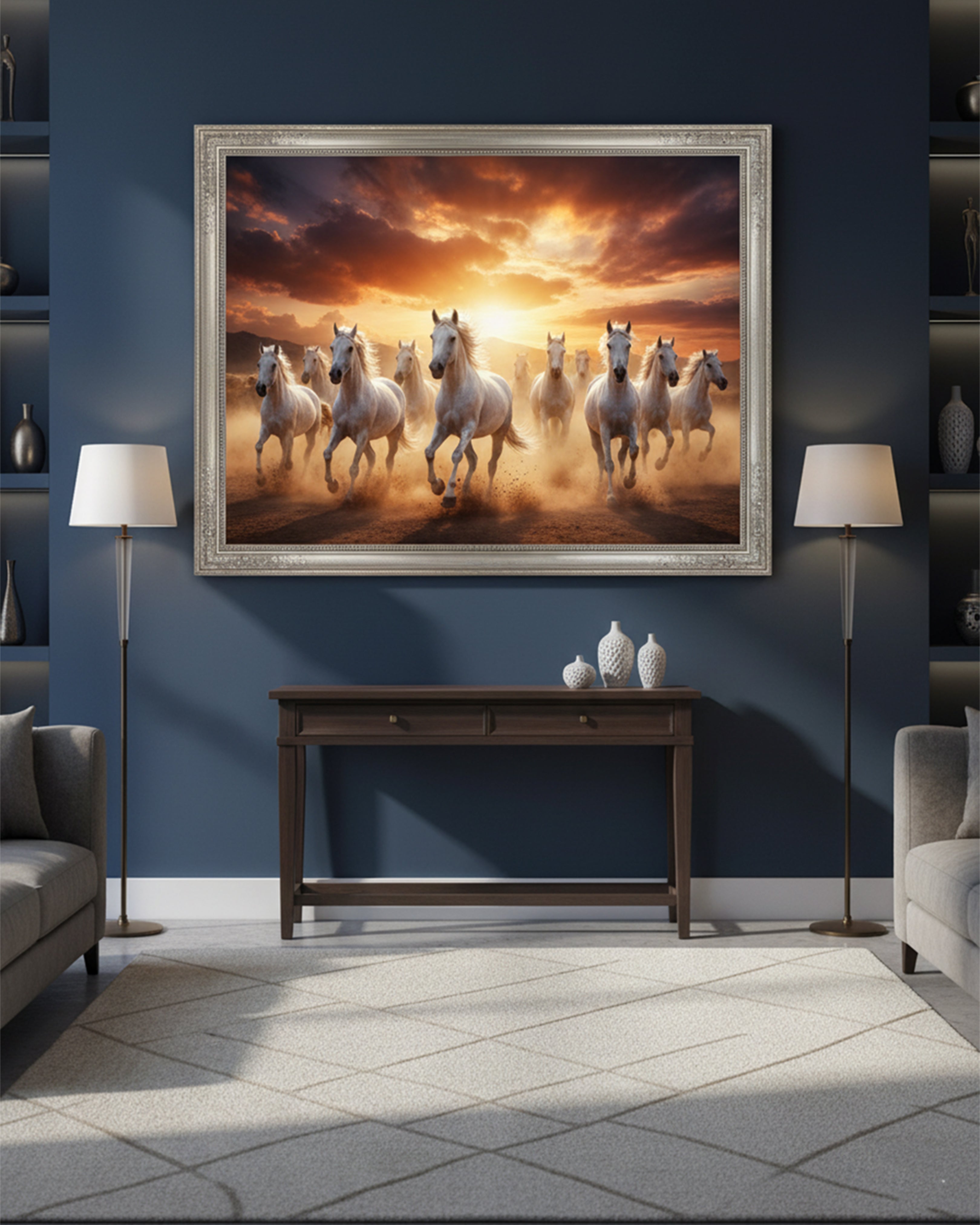 Seven Majestic Running Horses Vastu Canvas – Premium Golden Sunset Wall Art for Success & Prosperity