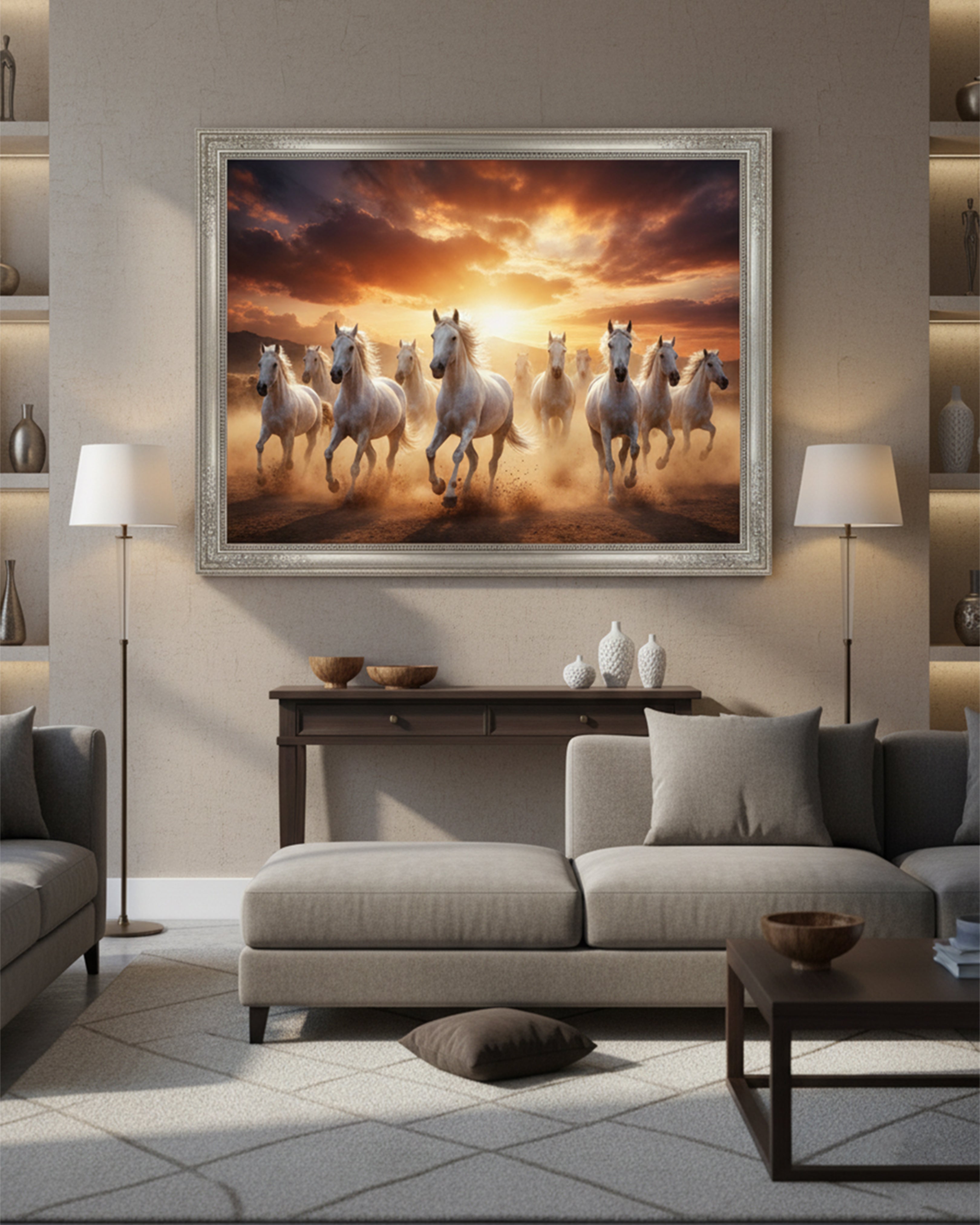 Seven Majestic Running Horses Vastu Canvas – Premium Golden Sunset Wall Art for Success & Prosperity