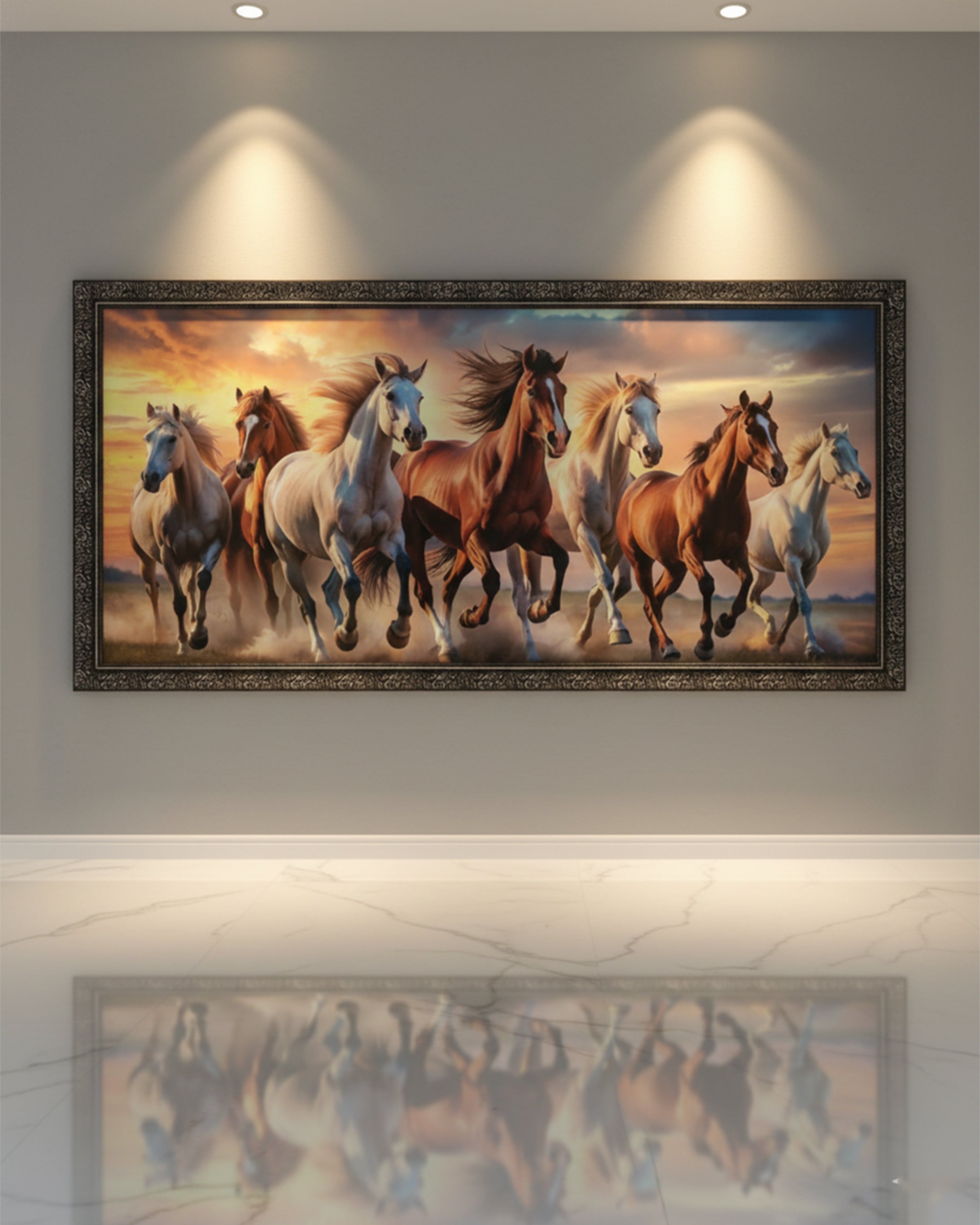 Seven Majestic Running Horses Vastu Canvas – Premium Golden Sunset Wall Art for Success & Prosperity