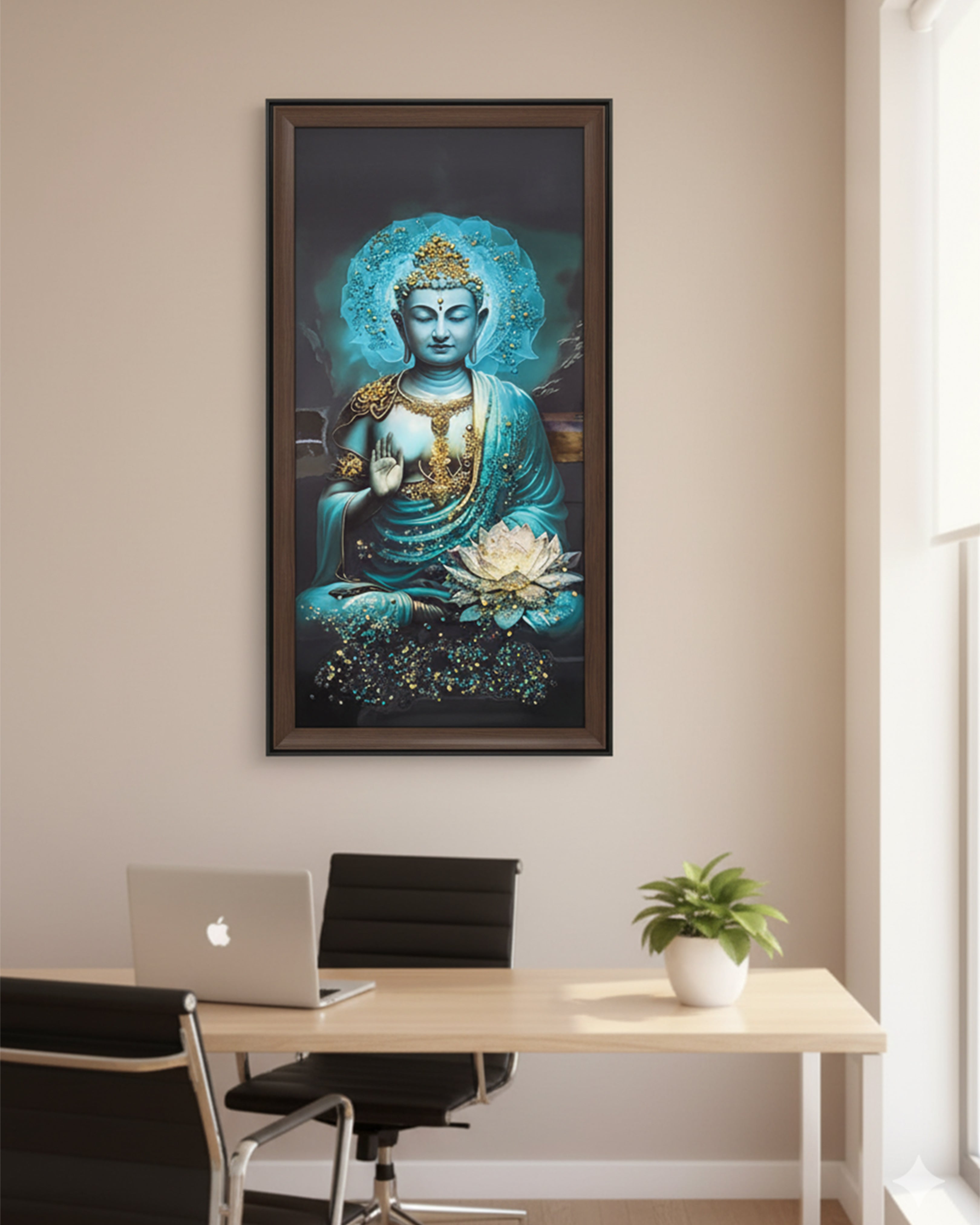 Divine Teal Buddha Meditating on Lotus Canvas Art – Modern Spiritual Wall Decor with Gold Accents