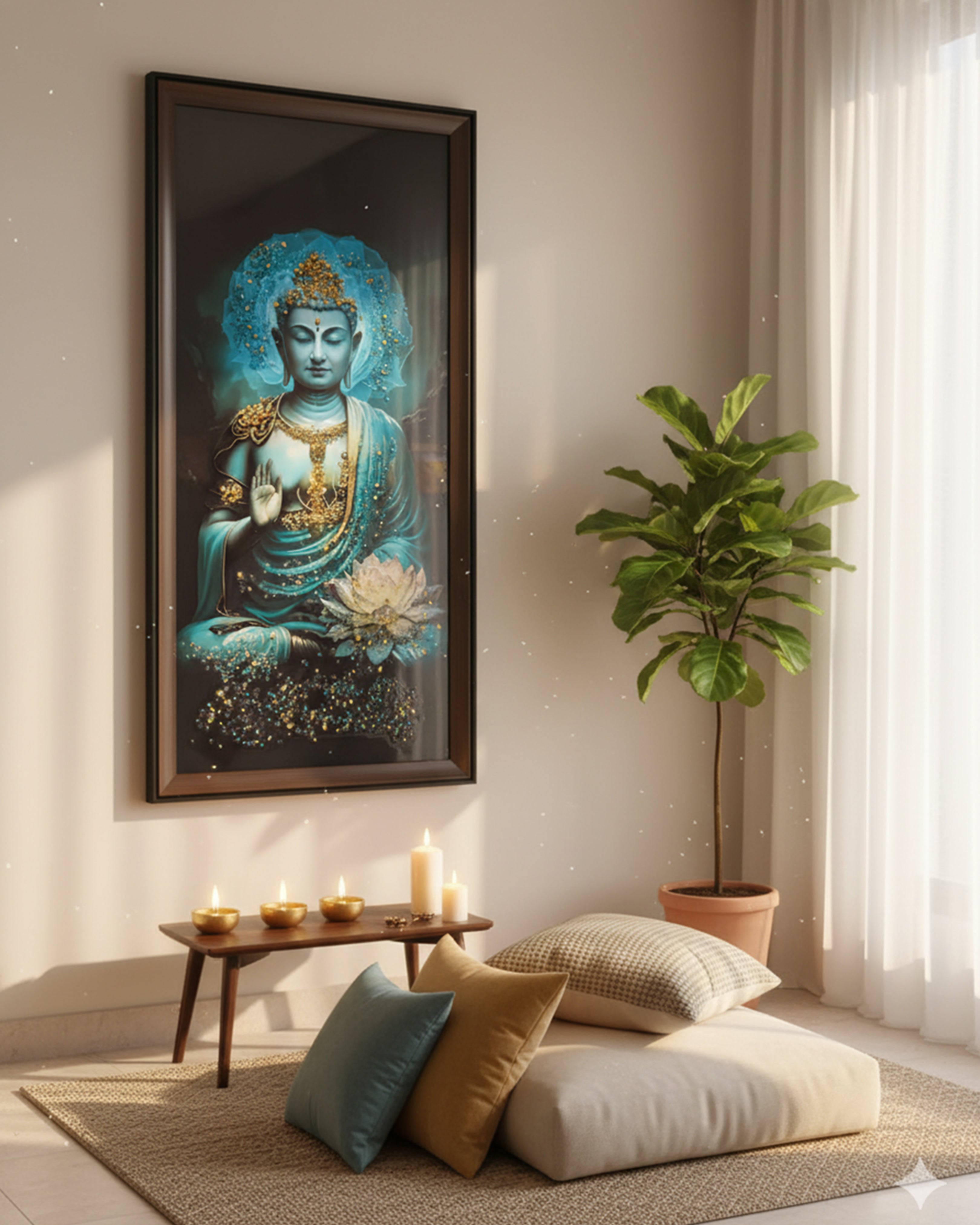 Divine Teal Buddha Meditating on Lotus Canvas Art – Modern Spiritual Wall Decor with Gold Accents