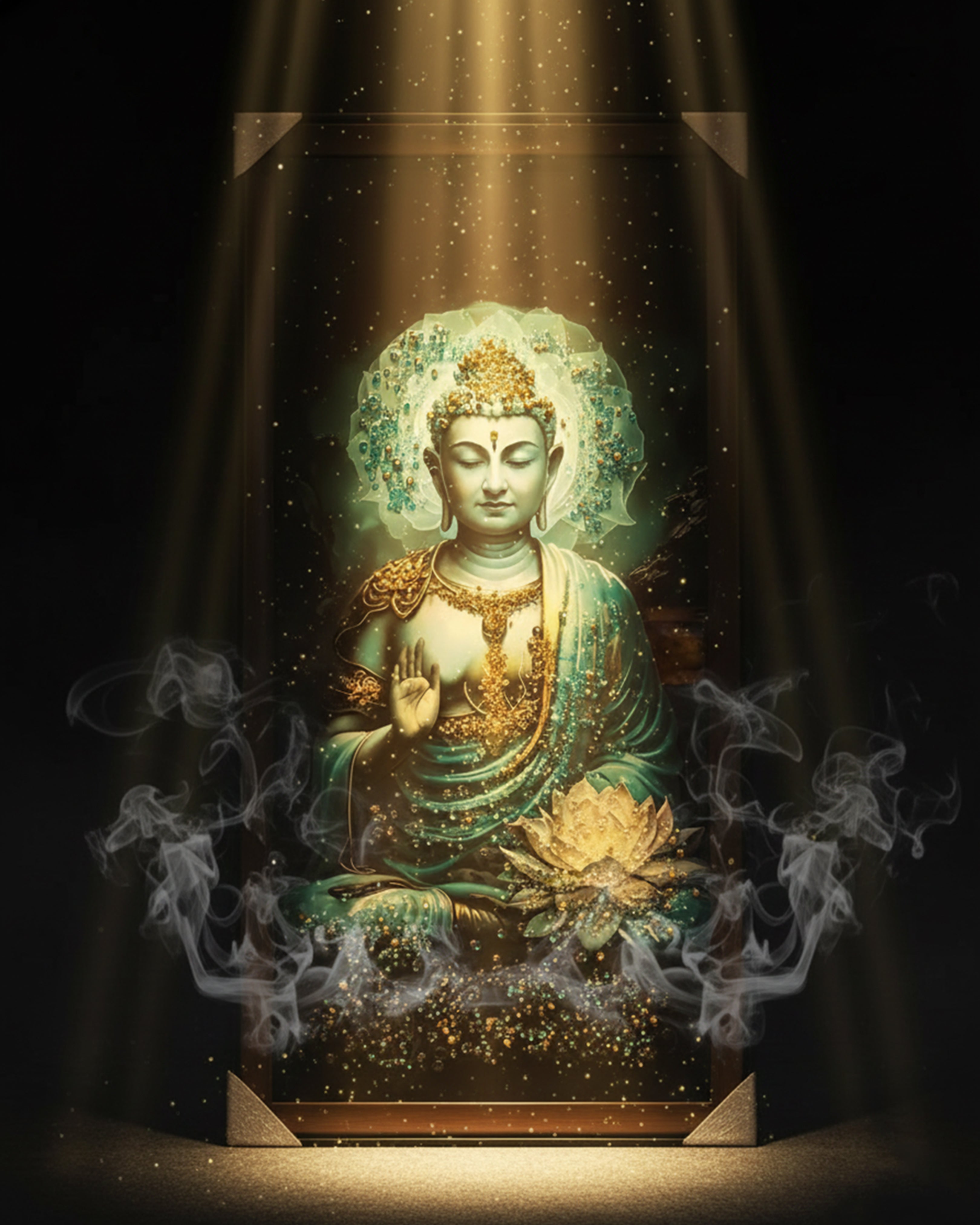 Divine Teal Buddha Meditating on Lotus Canvas Art – Modern Spiritual Wall Decor with Gold Accents