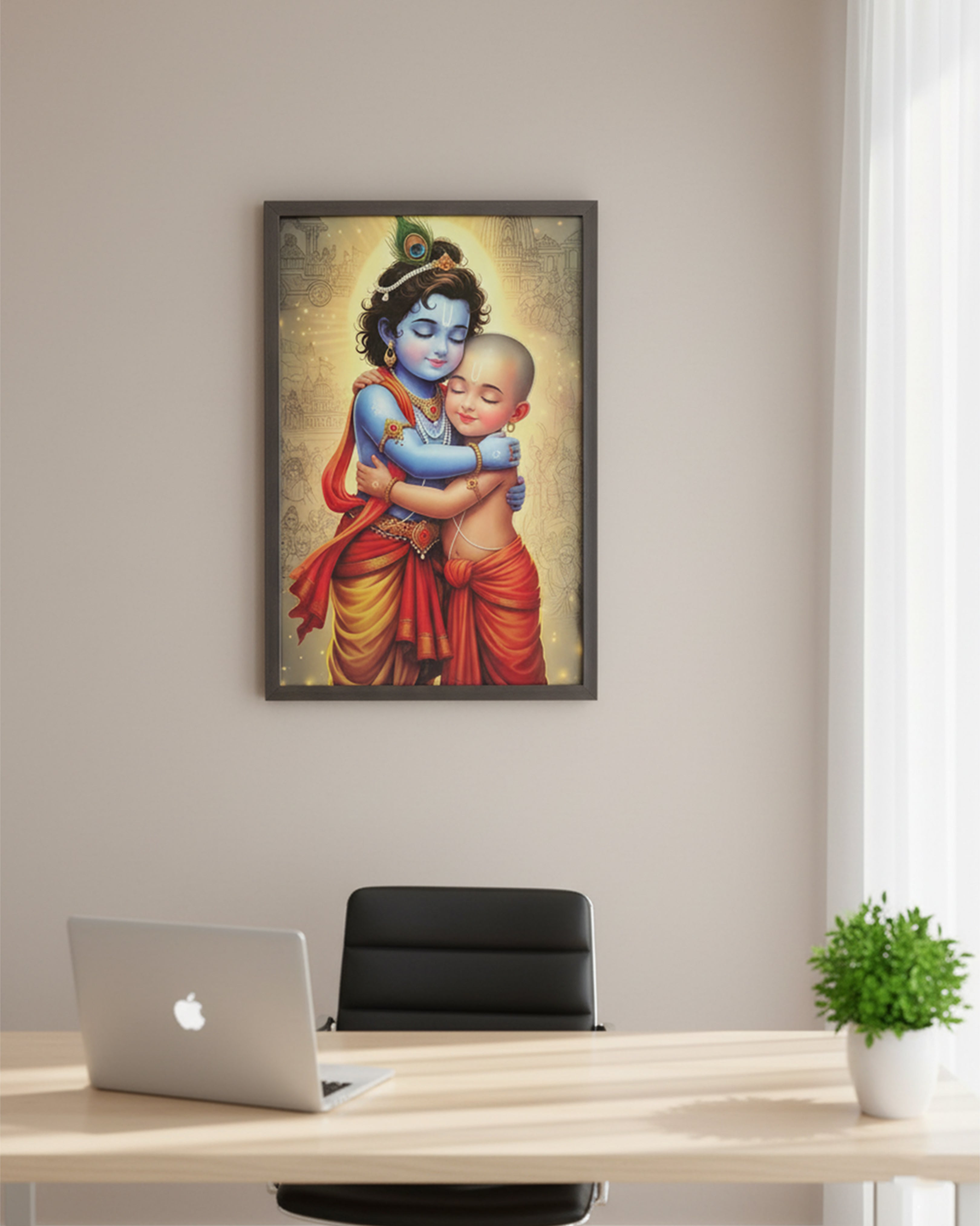 Divine Friendship: Lord Krishna and Sudama Reunion Canvas Art – Spiritual Wall Decor for Home & Office