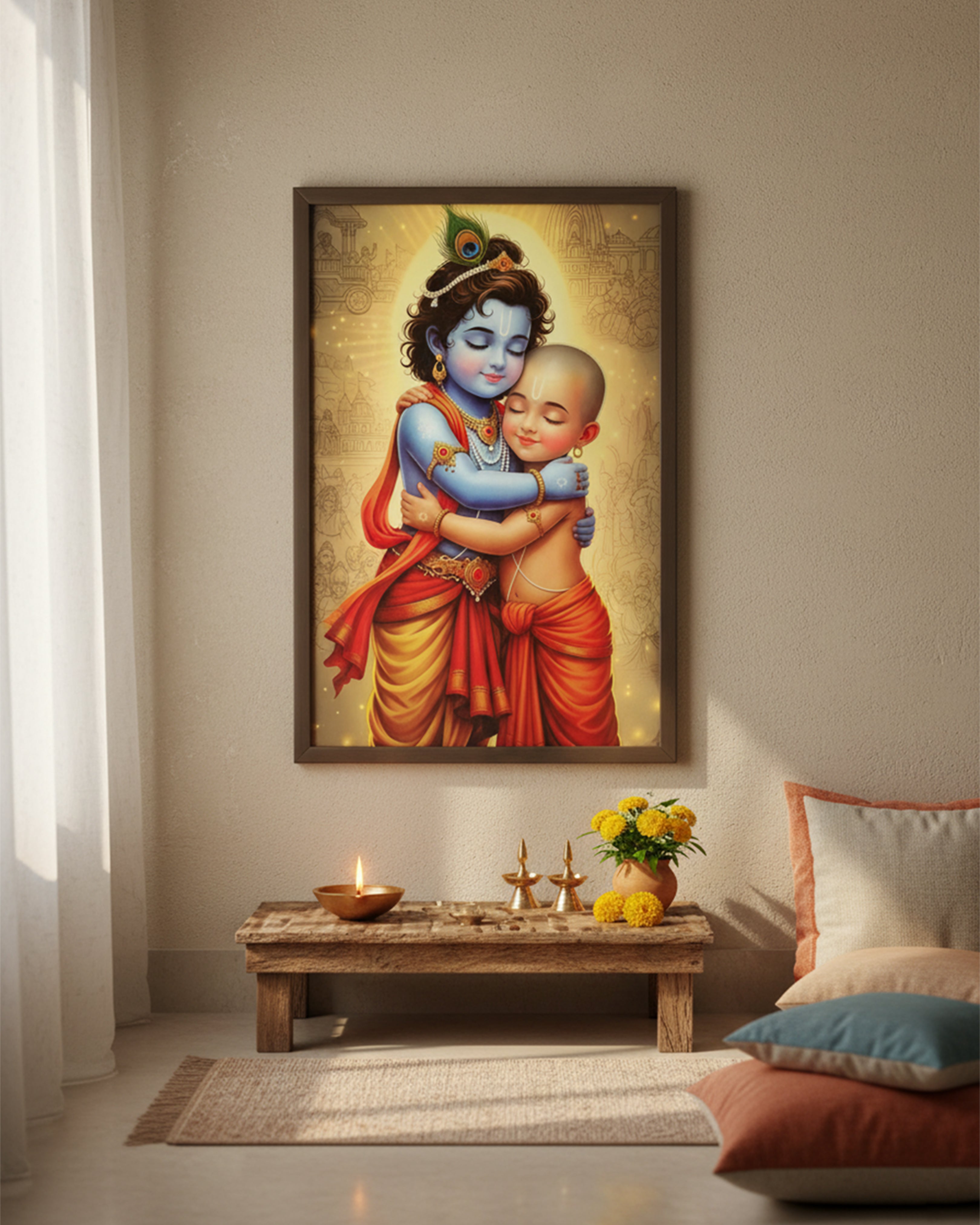 Divine Friendship: Lord Krishna and Sudama Reunion Canvas Art – Spiritual Wall Decor for Home & Office