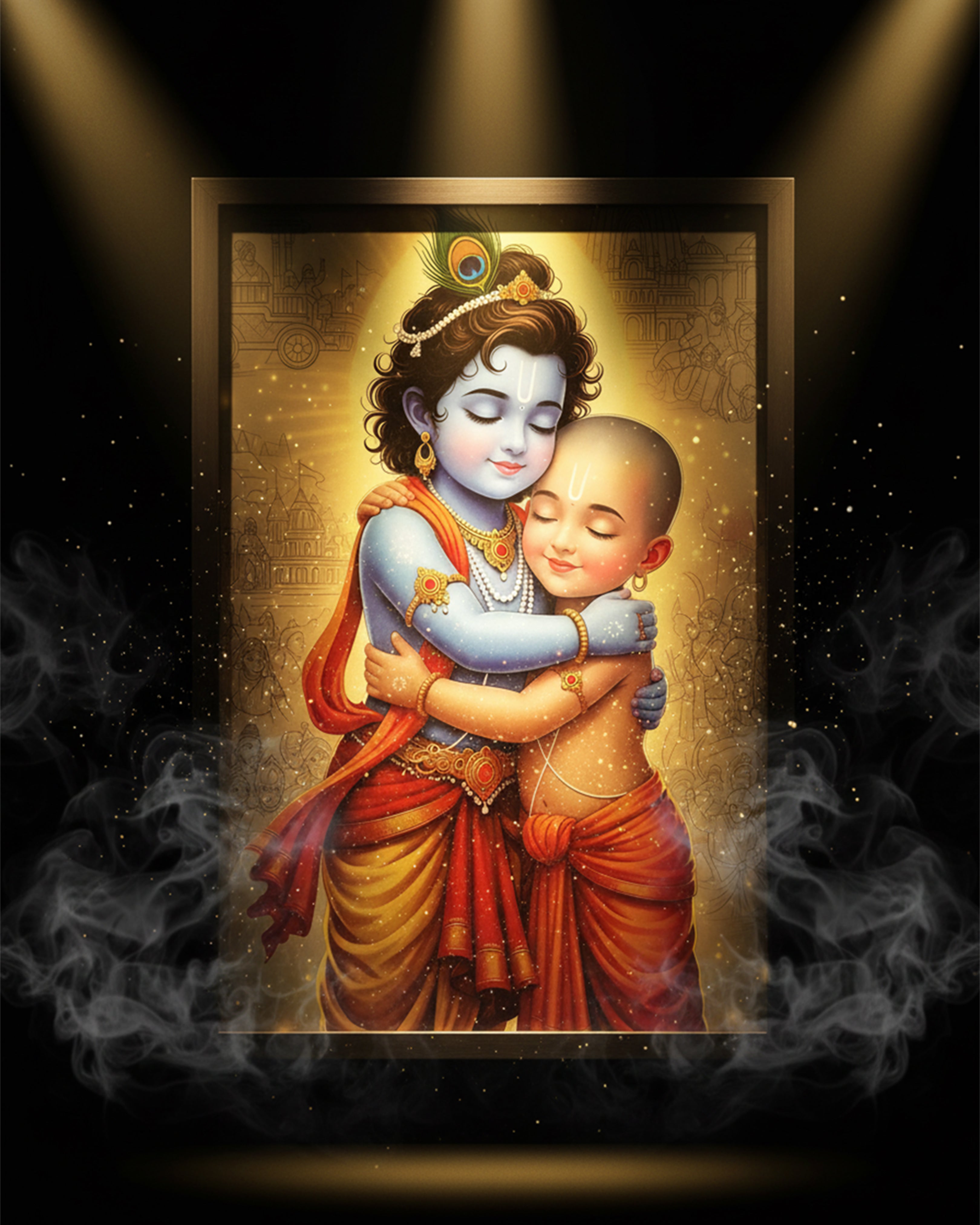 Divine Friendship: Lord Krishna and Sudama Reunion Canvas Art – Spiritual Wall Decor for Home & Office
