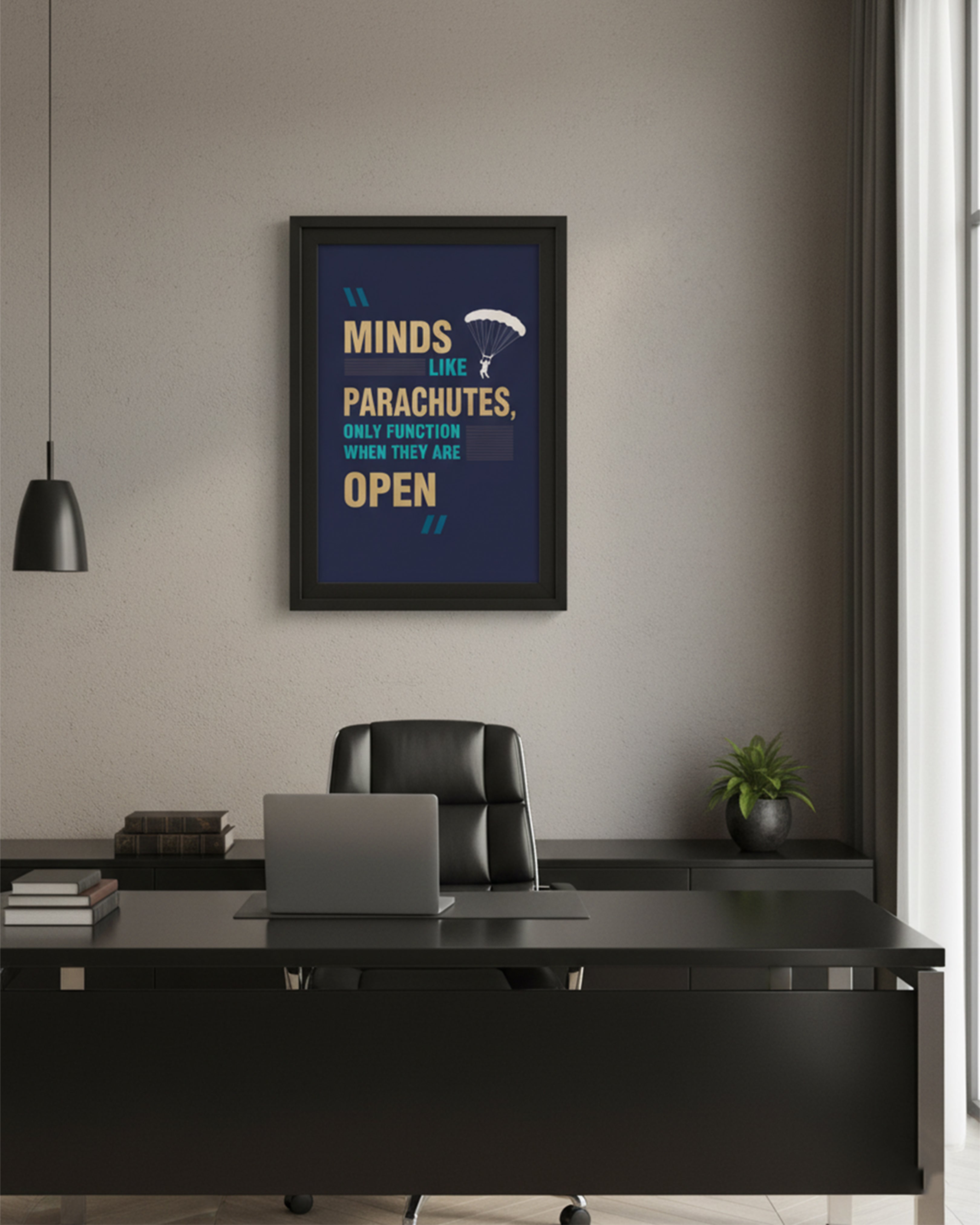 Minds Like Parachutes" Motivational Quote Wall Art – Professional Canvas Decor for Offices & Studios