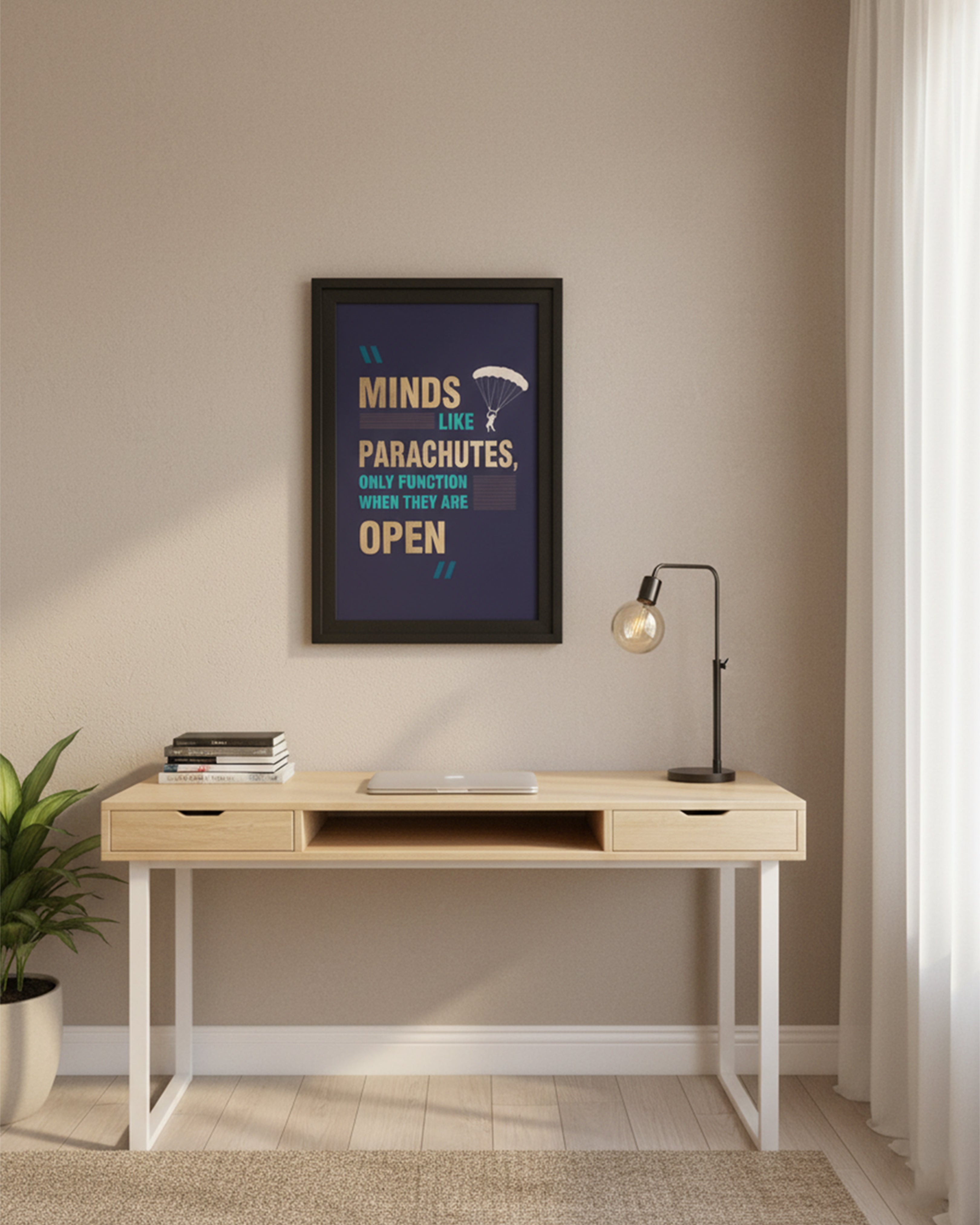 Minds Like Parachutes" Motivational Quote Wall Art – Professional Canvas Decor for Offices & Studios